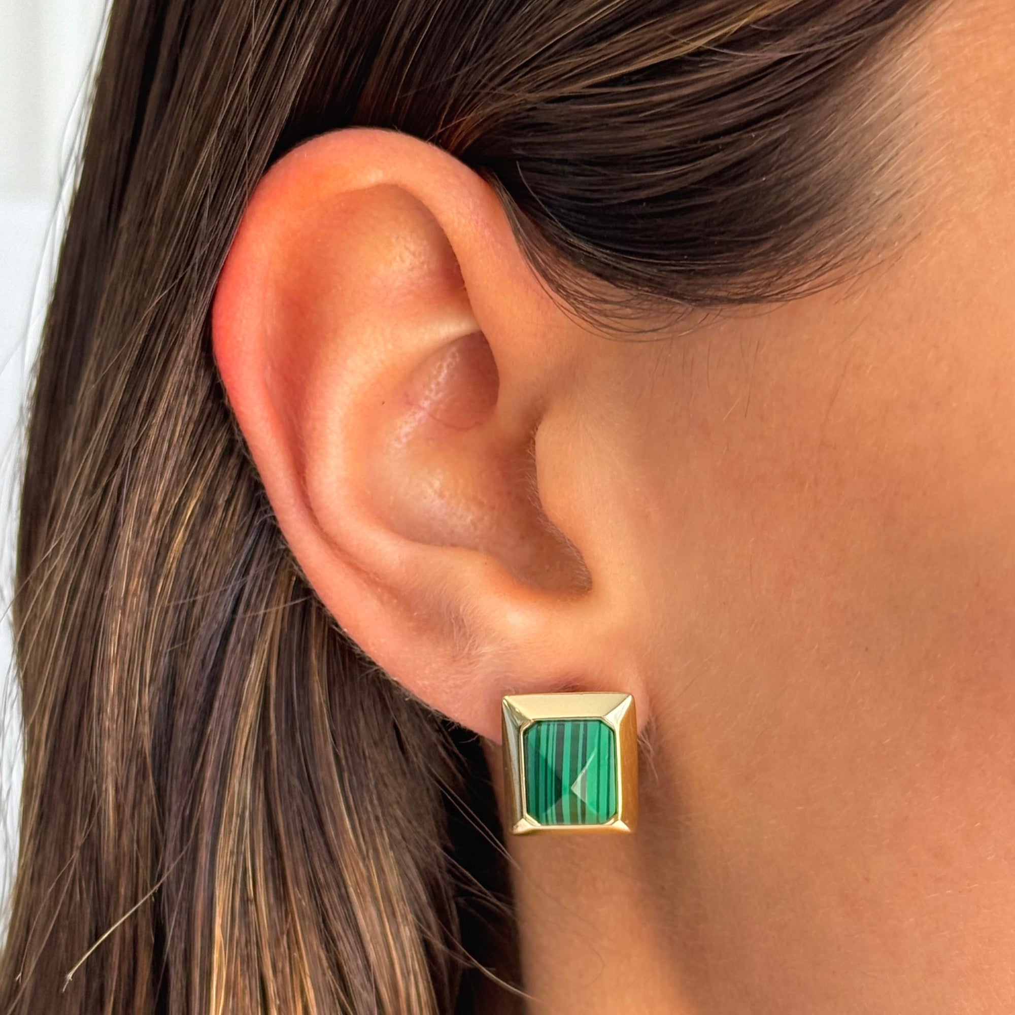 Malachite Gemstone | Baguette Stud Earring | 14K Yellow Gold Plated