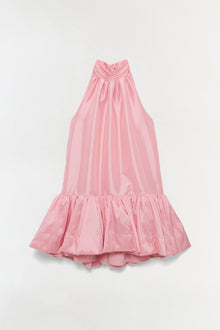Pink taffeta halter mini dress with ruched neckline and ruffled hem.
