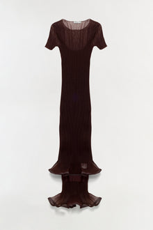Brown plisse midi dress with short sleeves, crew neckline, and flared hem, displayed on a flat lay.