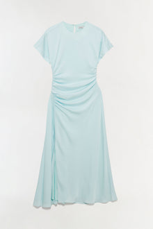 Light blue satin midi dress with short sleeves, ruched detailing at the waist, and asymmetrical hem.