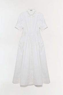 White cotton shirt dress with collared neckline, short sleeves, and full skirt with button front closure.