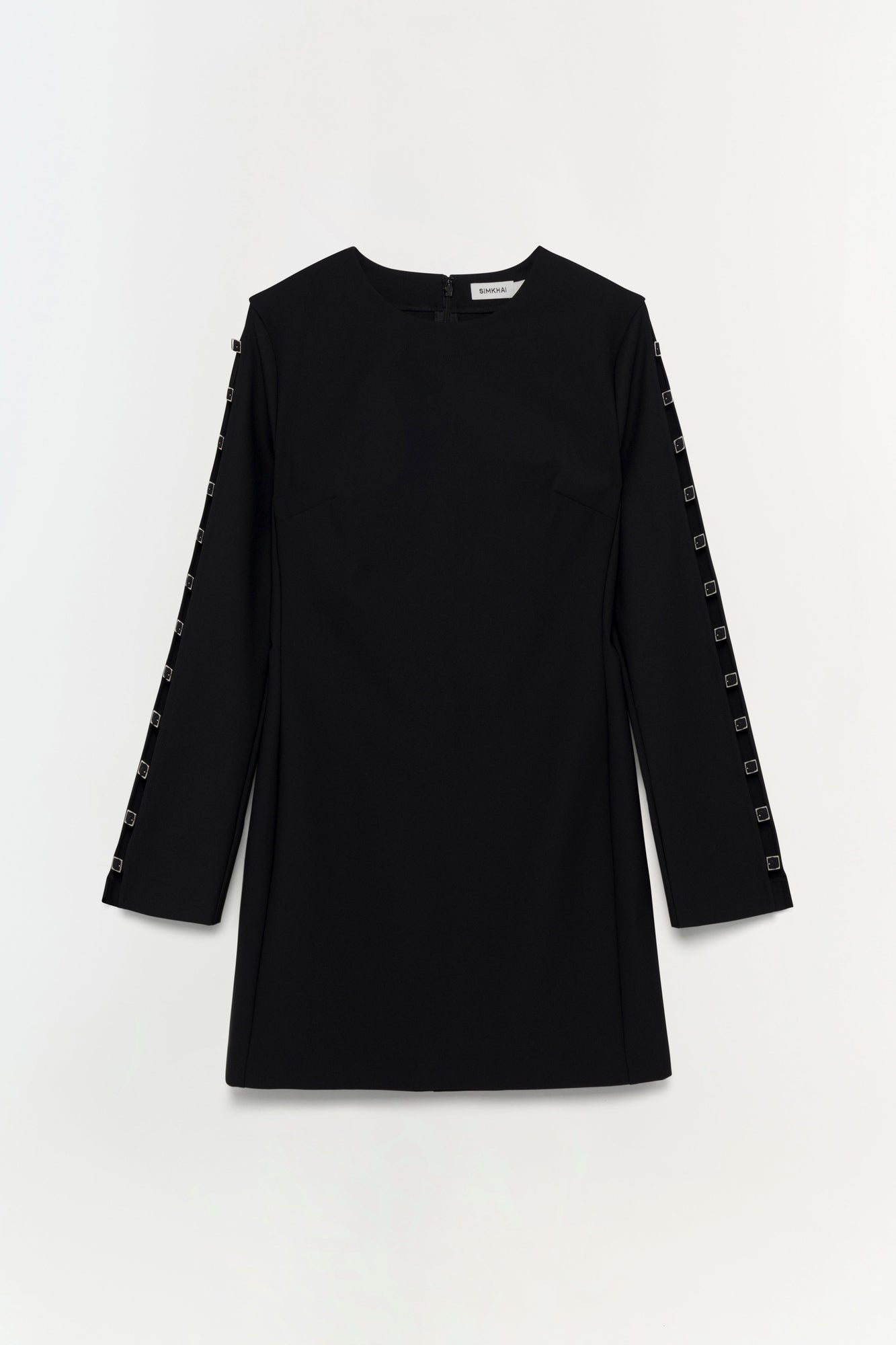 Black long-sleeve dress with square button detailing down the sleeves and crew neckline.