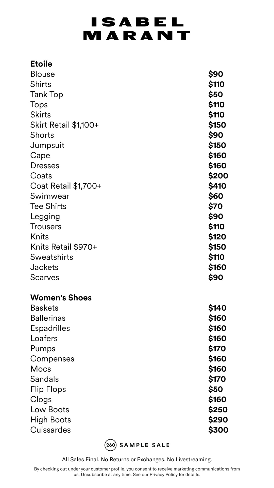 Price table