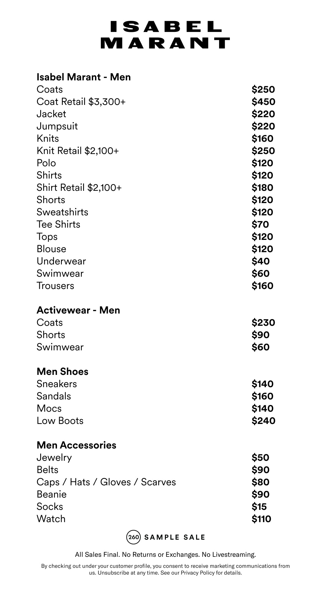 Price table