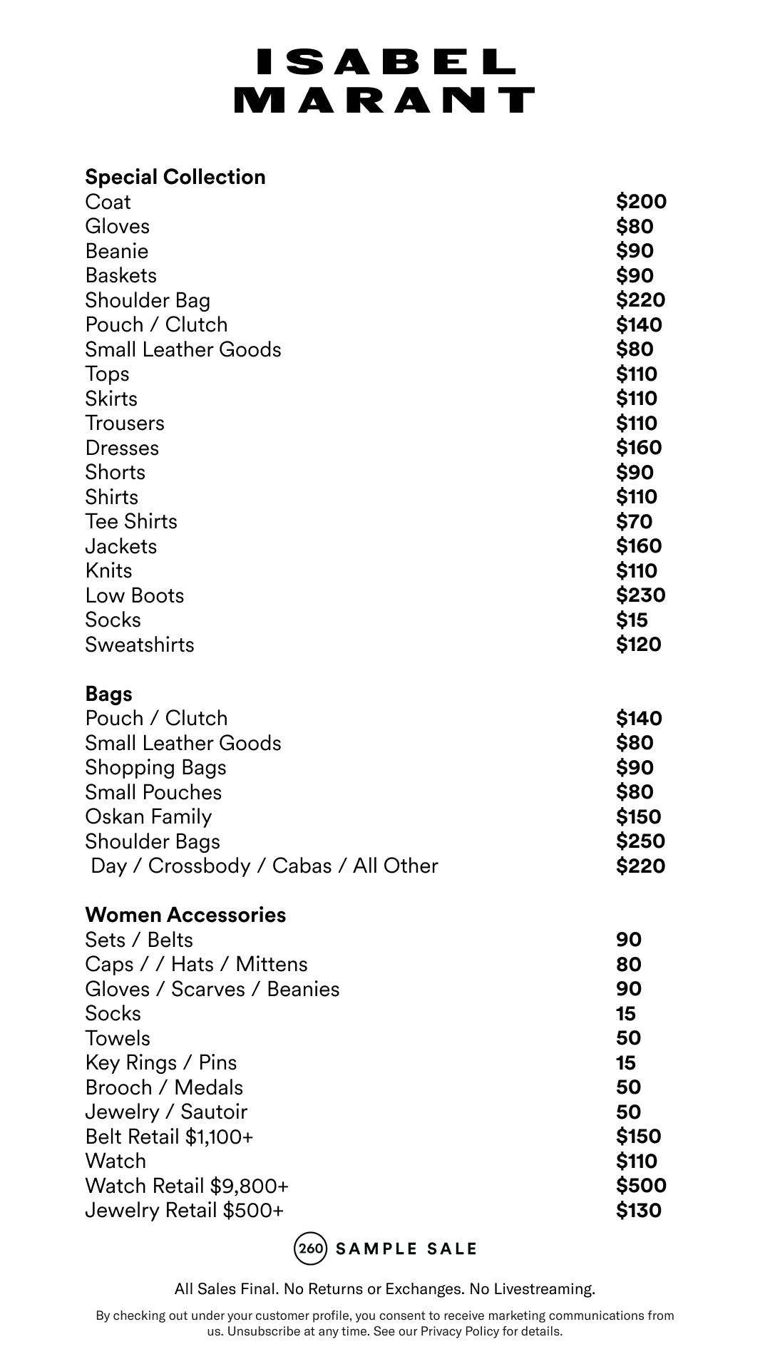 Price table