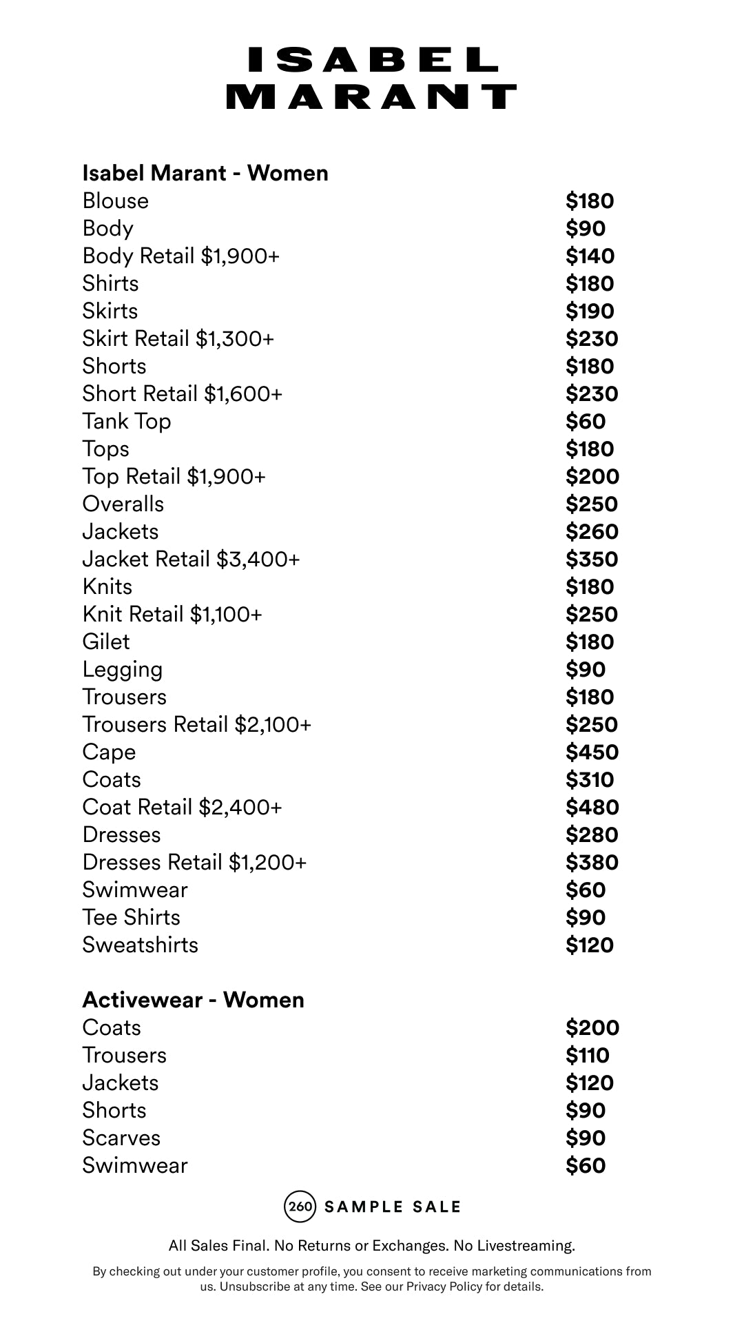Price table
