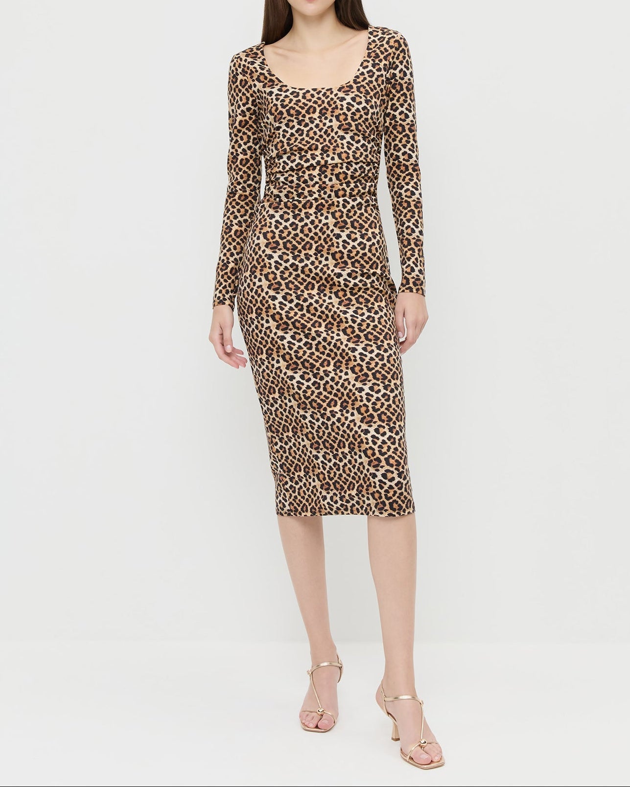 Inaya Dress in leopard print jersey fabric and Triana Champagne Leather Mid-Heel Sandal.