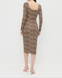 Inaya Dress in leopard print jersey fabric and Triana Champagne Leather Mid-Heel Sandal.