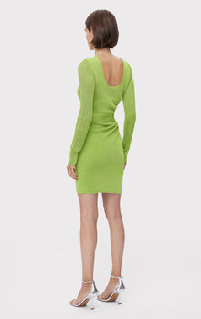 Metallic Bateau Neck Long Sleeve Mini Dress | Metallic Lime