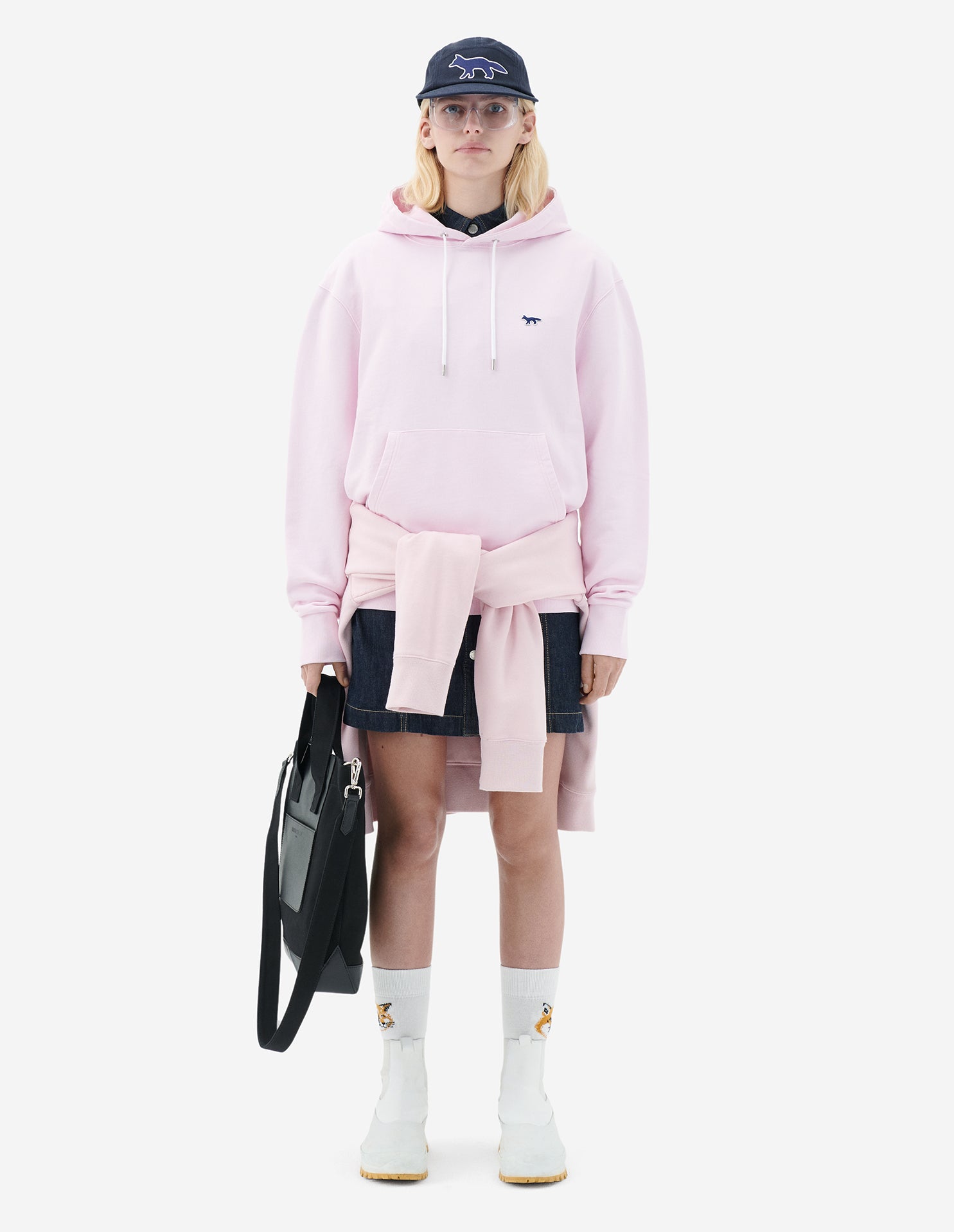 Unisex | Navy Fox Patch Classic Hoodie | Light Pink
