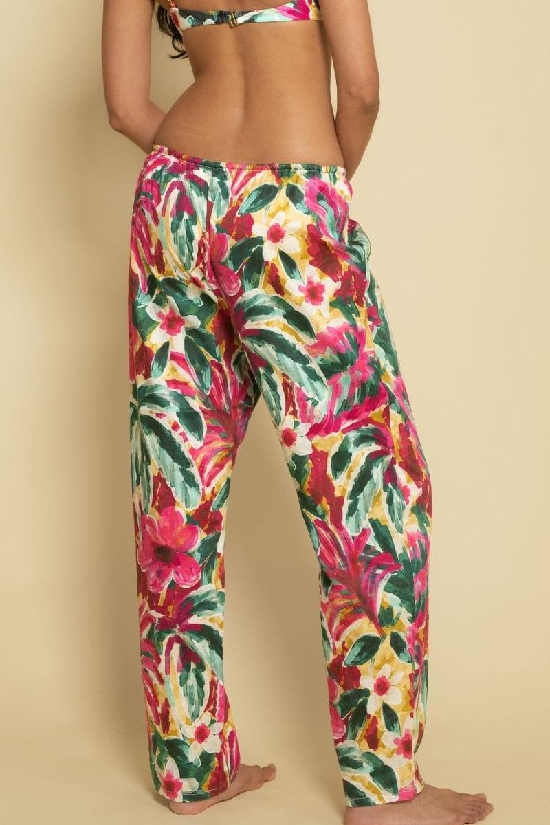 Wide-leg pant with floral print in pink, red, yellow, and green on cream background, drawstring waist.