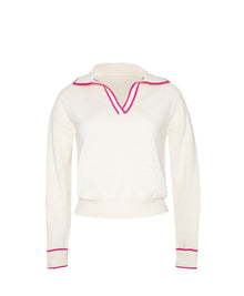 White sweater with pink trim on a white background