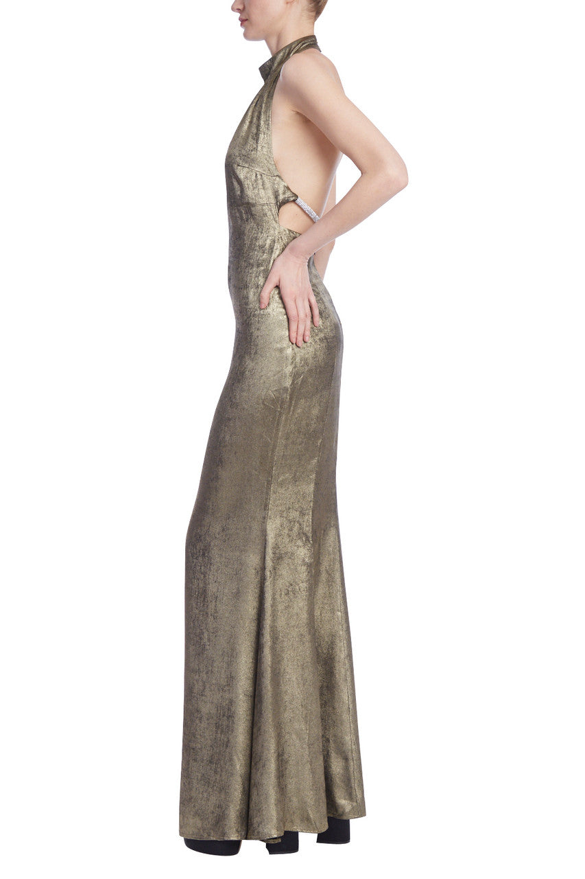 Jewel Badgley Mischka | Metallic Halter Column Gown with Crystal Trim Back | Gold Dark Grey