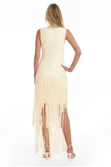 Jewel Badgley Mischka | Emilia Tiered Sequin Fringe V-Neck Dress | Buttercream