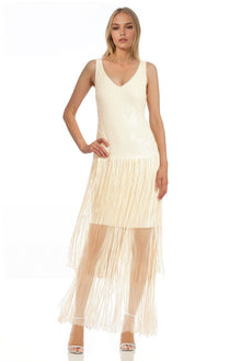 Jewel Badgley Mischka | Emilia Tiered Sequin Fringe V-Neck Dress | Buttercream