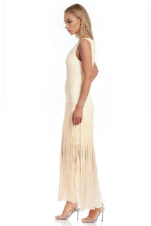 Jewel Badgley Mischka | Emilia Tiered Sequin Fringe V-Neck Dress | Buttercream