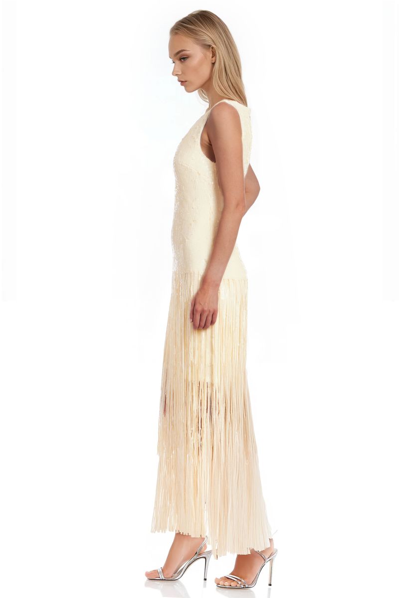 Jewel Badgley Mischka | Emilia Tiered Sequin Fringe V-Neck Dress | Buttercream