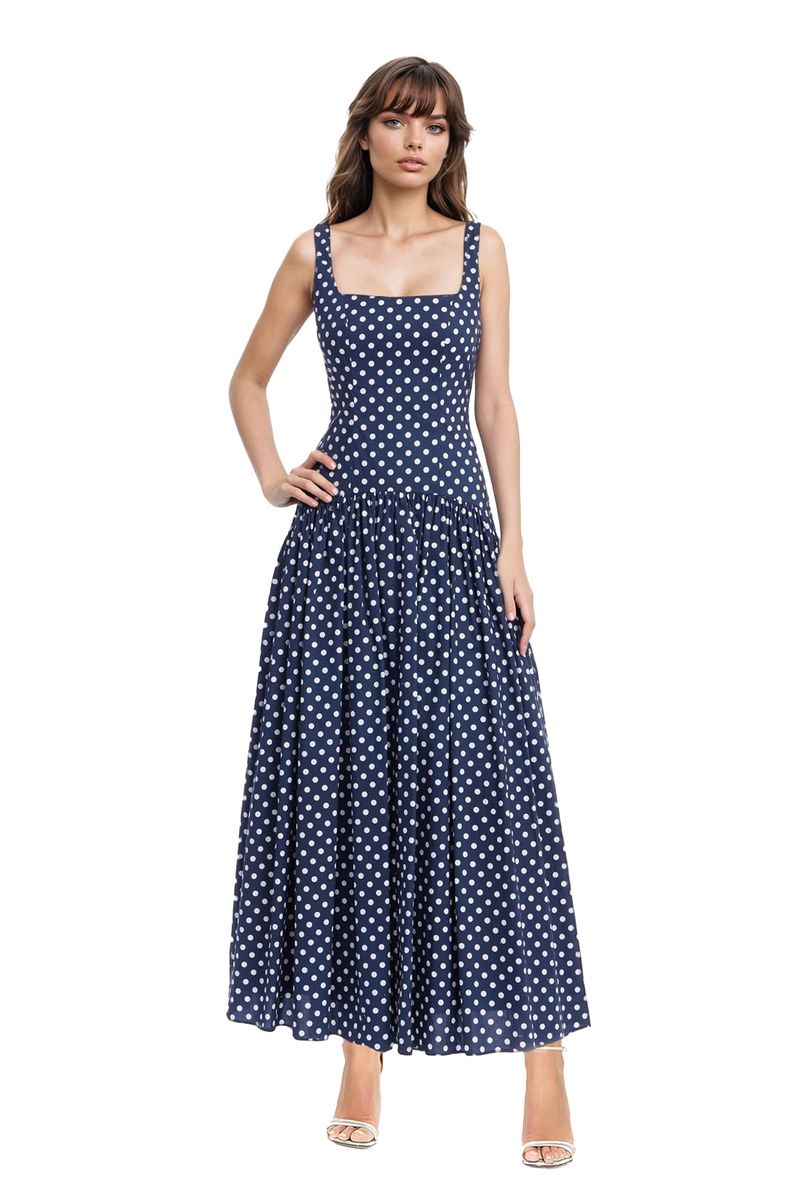 Jewel Badgley Mischka | Isla Polka Dot Drop Waist Maxi Dress | Midnight