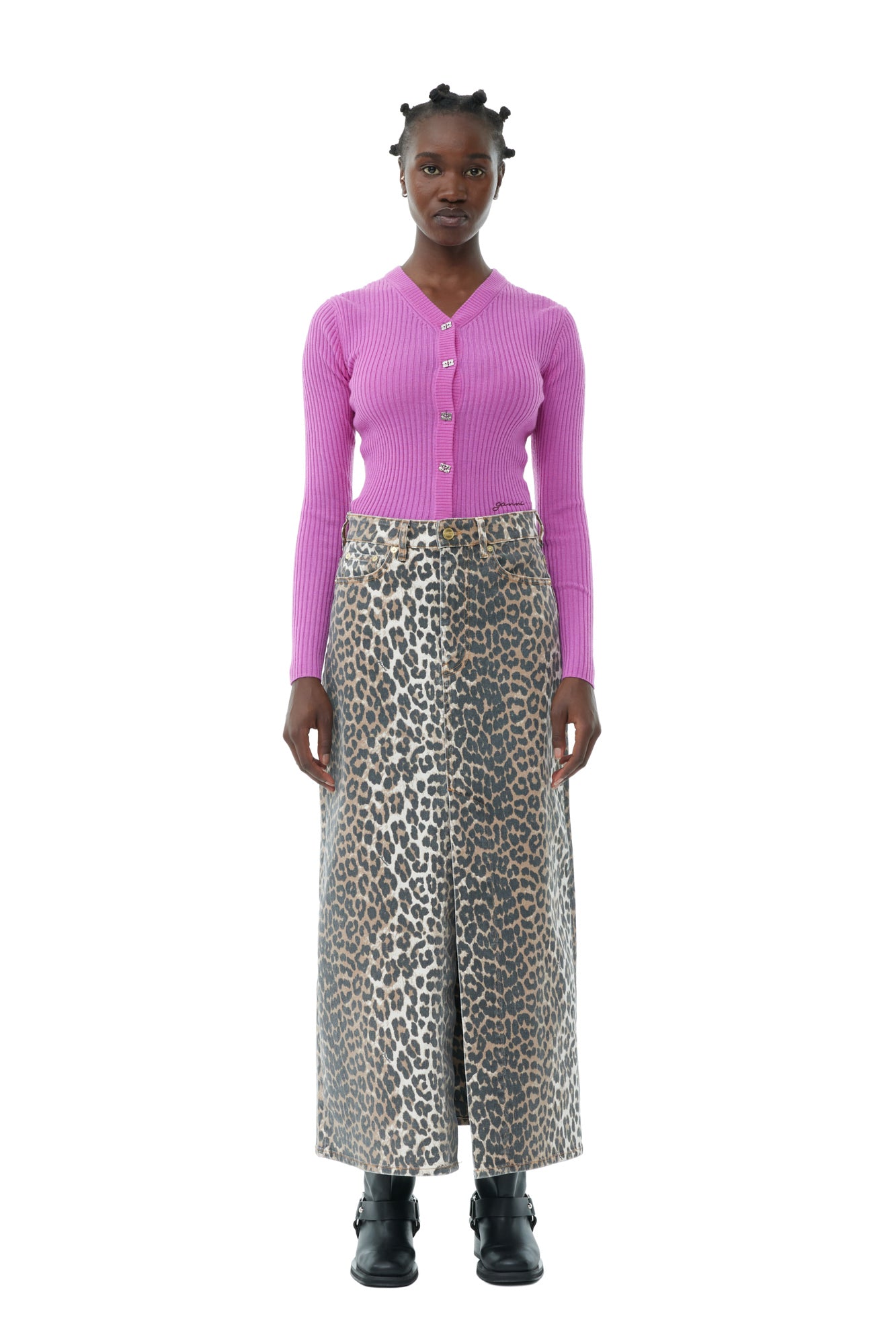 Print Denim Maxi Slit Skirt | Leopard