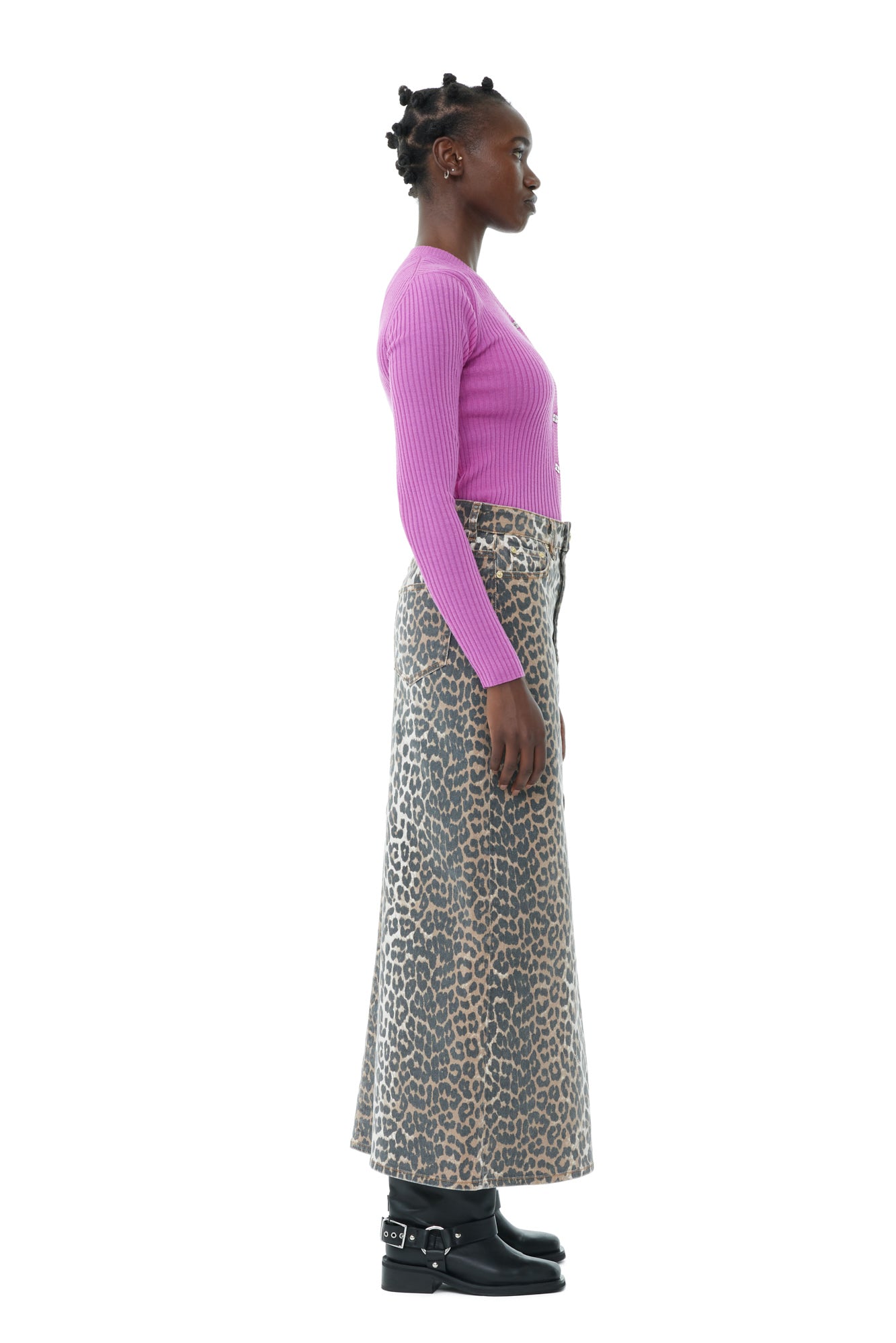 Print Denim Maxi Slit Skirt | Leopard