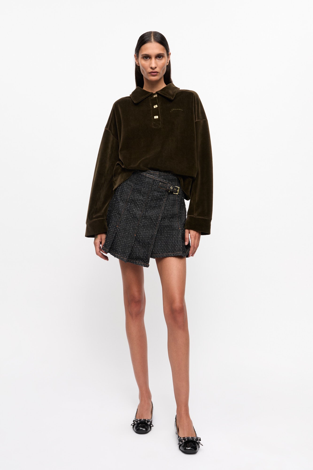 Fluffy Denim Wrap Mini Skirt | Black