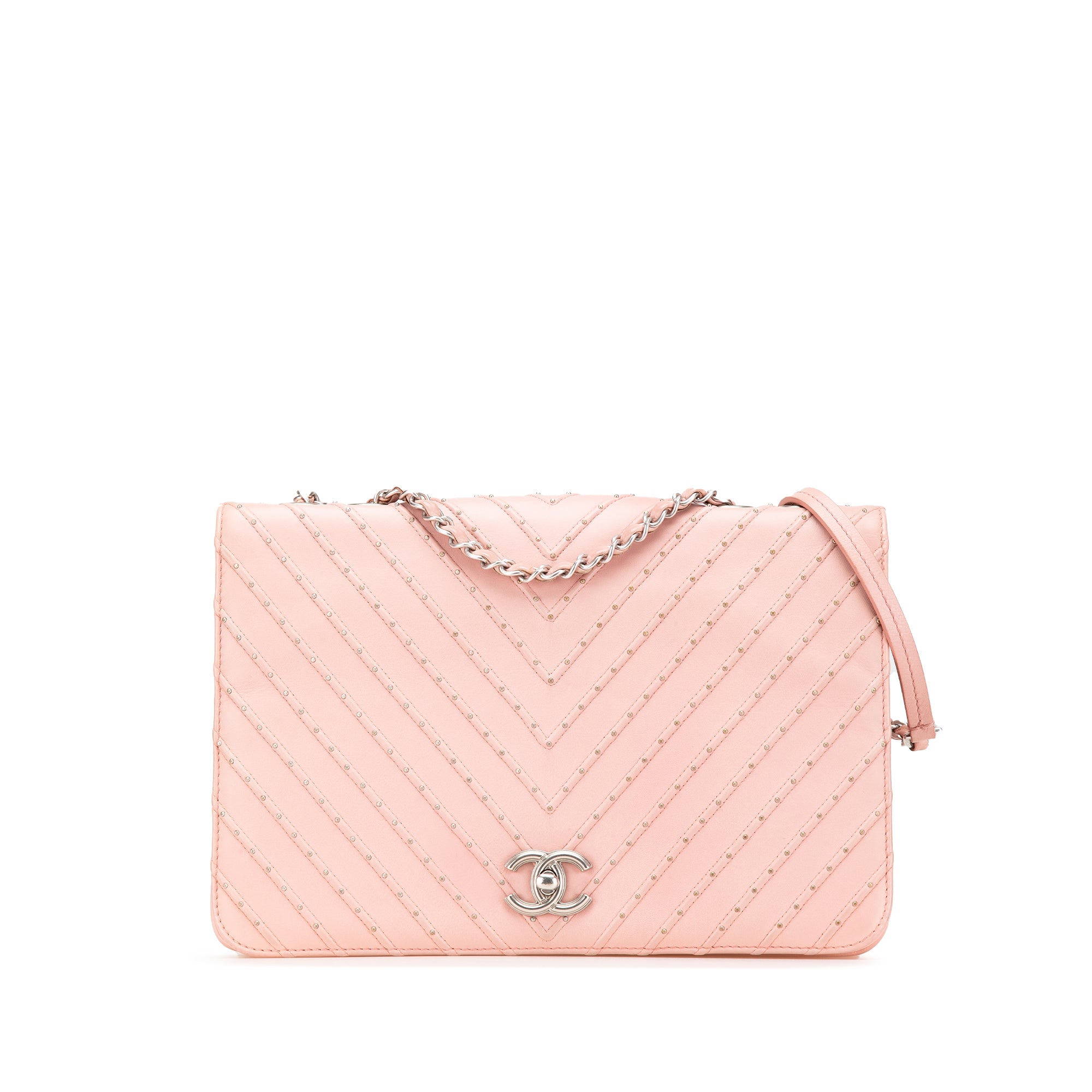 Chanel | Pre-Owned Chevron Calfskin Studded Full Flap | Pink/Light Pink