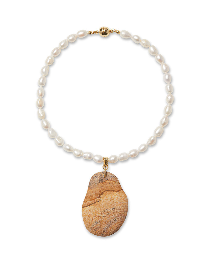 Pearl Necklace With Jasper Pendant | Gold
