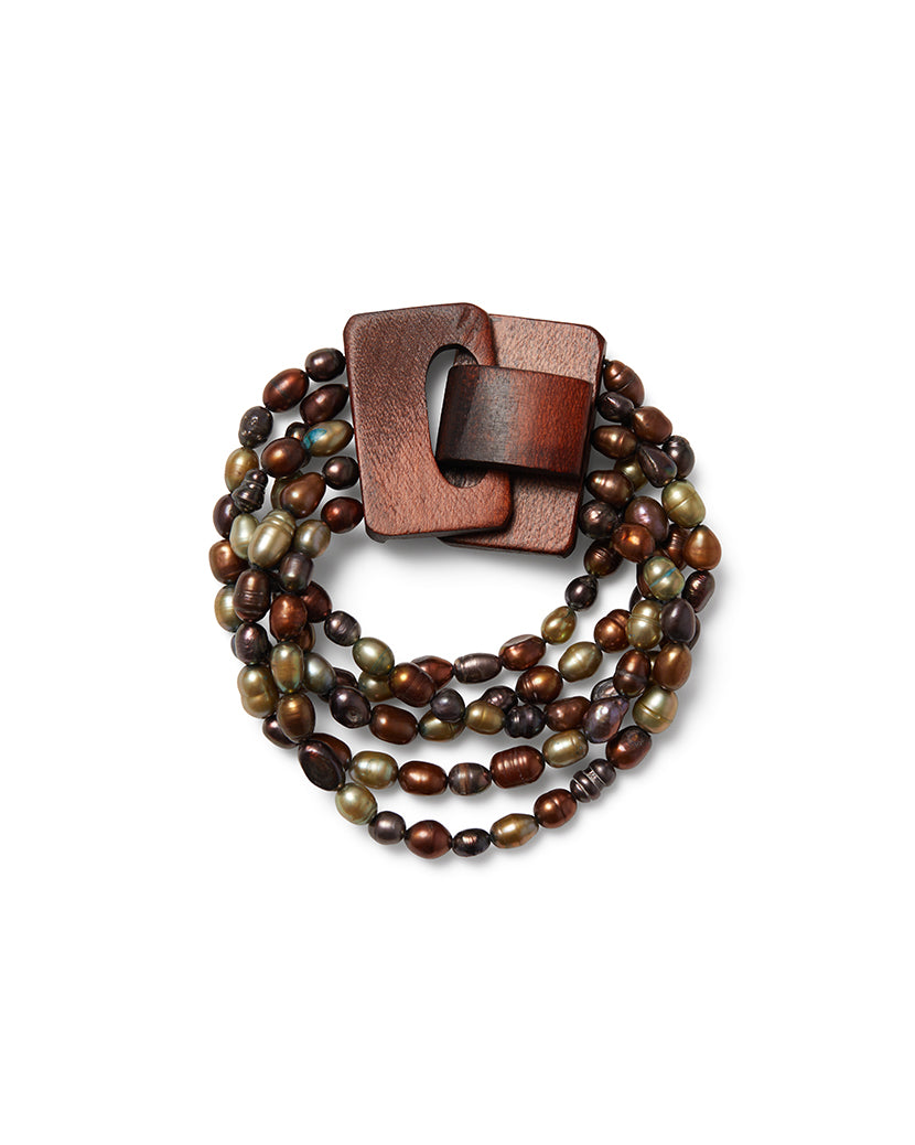 Earth Tone Pearl Bracelet With Wood Closure | Gold/Dark Brown