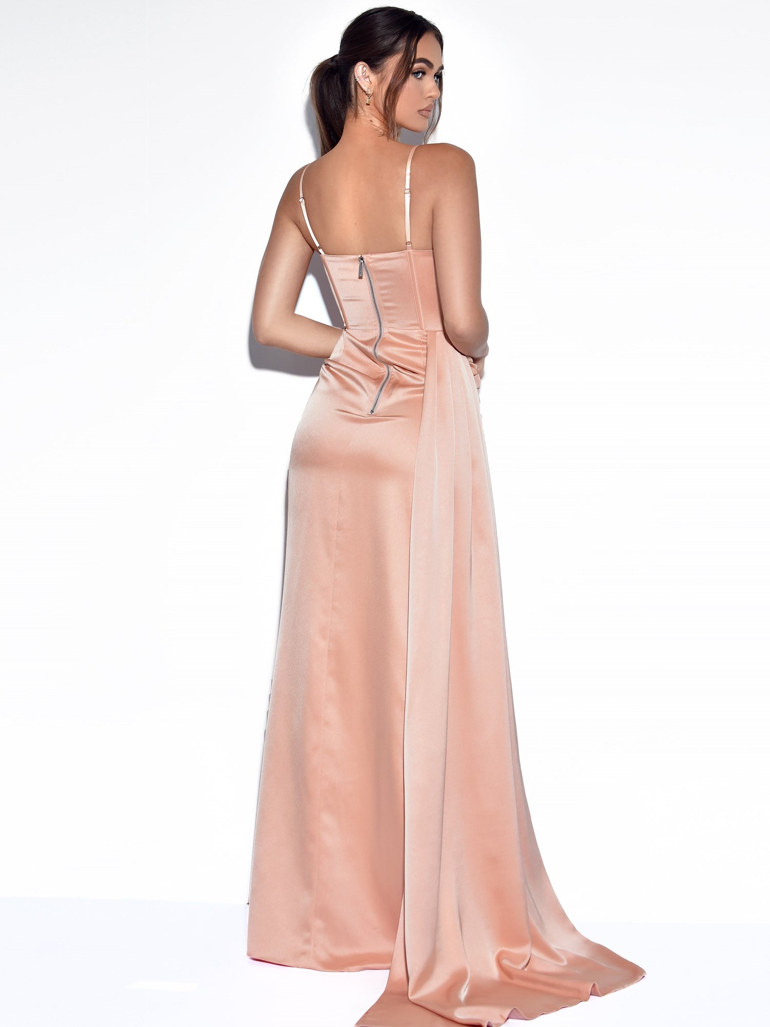 Elayna Strappy Satin Corset High Slit Gown | Blush