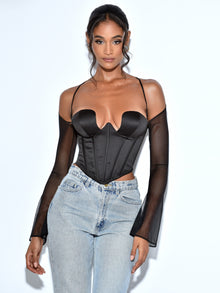 Pixie Mesh Sleeve Halter Corset Satin Top | Black