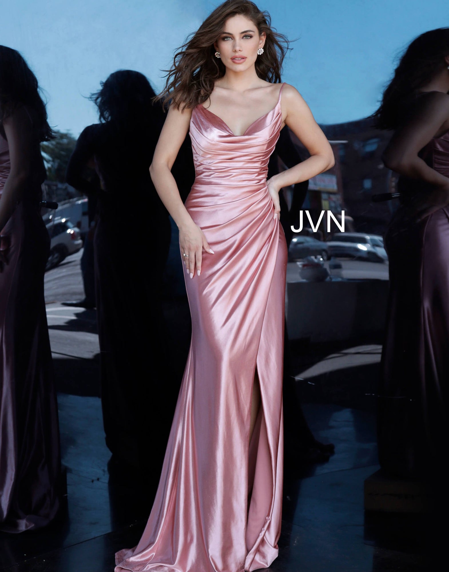 Cowl Neck High Slit Prom Dress | Dusty Pink