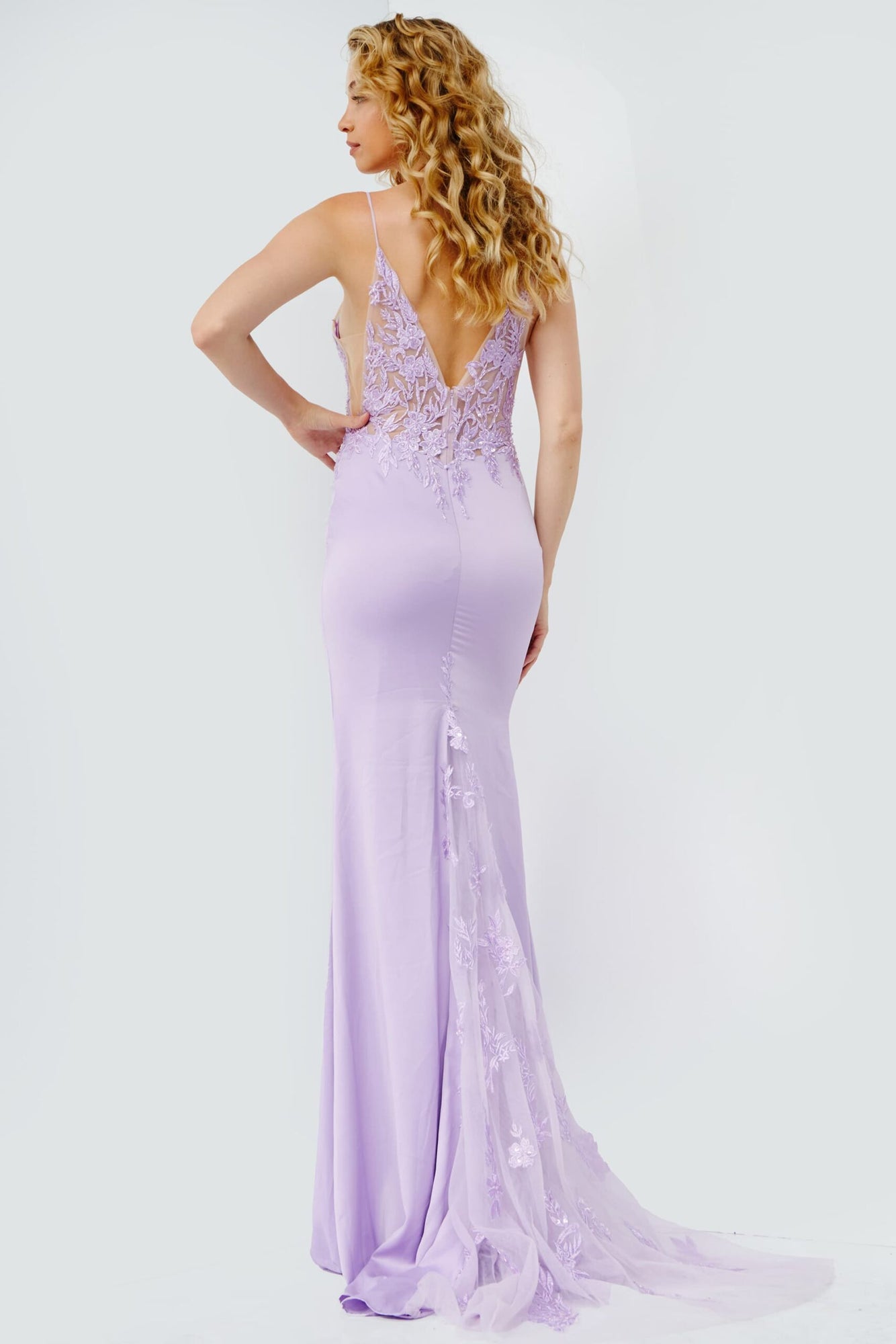 Embroidered Bodice Plunging Neck Prom Dress | Lilac