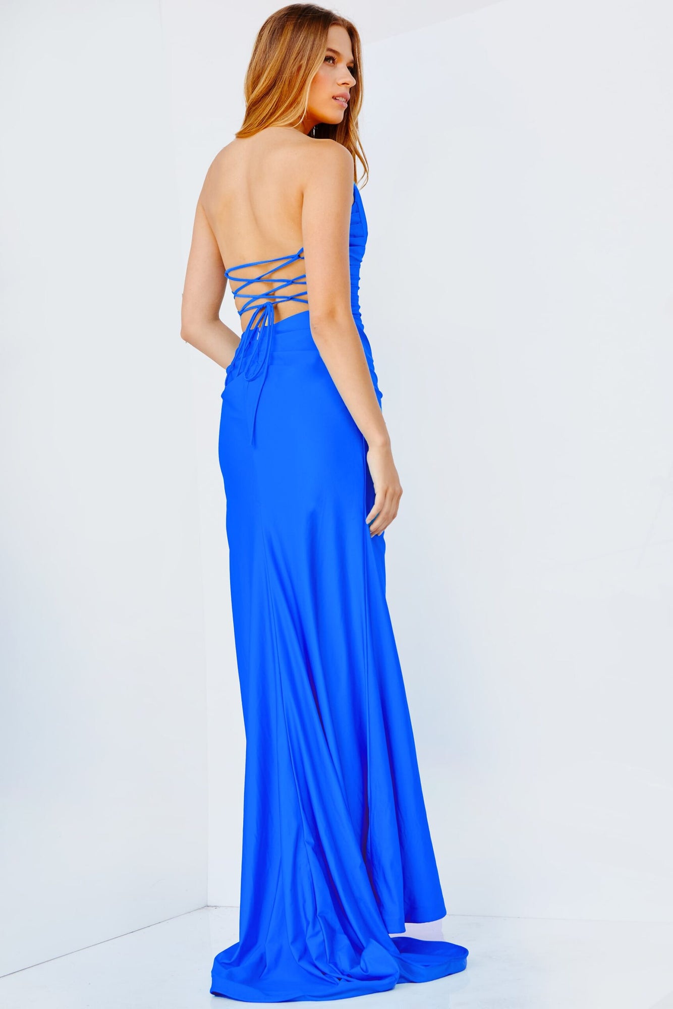 Plunging Neck Ruched Prom Dress | Hot Blue