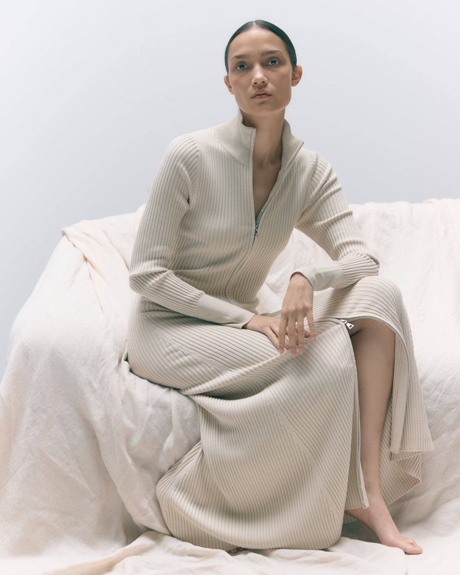 Janne Ribbed Two-Way Zip Sweater Dress | Light Latte