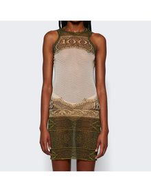 Jean Paul Gaultier | Women | Cartouche Printed Mesh Short Dress | Green