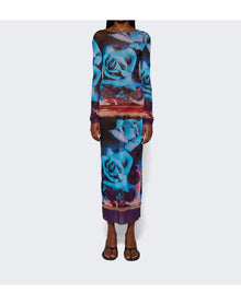 Jean Paul Gaultier | Women | Rose Printed Mesh Long Sleeve Dress | Blue