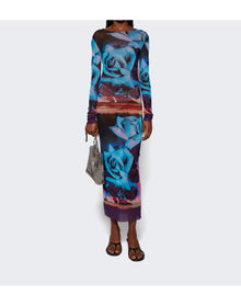 Jean Paul Gaultier | Women | Rose Printed Mesh Long Sleeve Dress | Blue