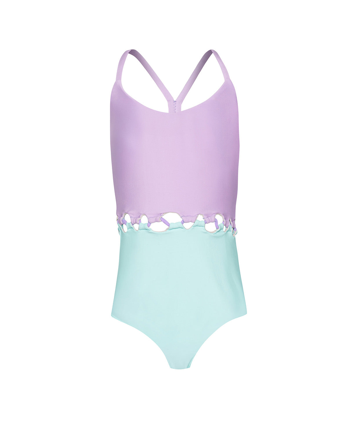 Two-tone swimsuit with purple top and light blue bottom on a white background
