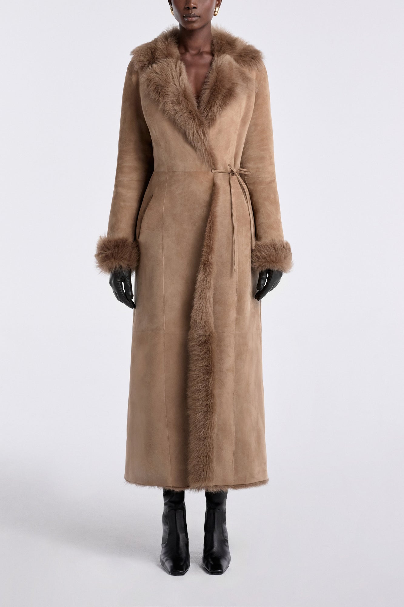 Model is wearing the Nour Hammour Joni Off-Duty Shearling Essential Jacket Mink - Front Closed