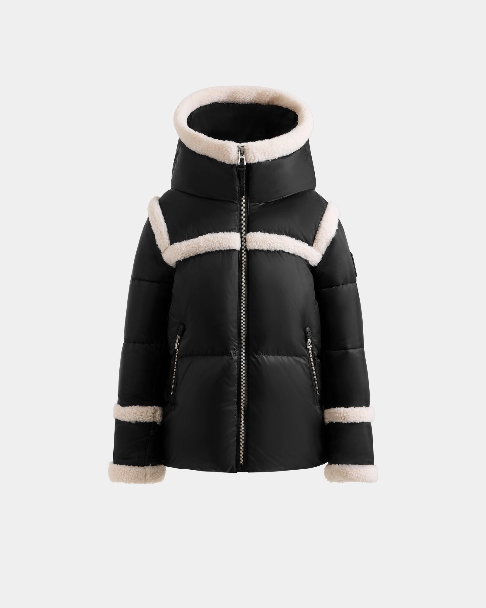 The JULIANA K - K125550 Black puffer jacket by Rudsak features a hood, front zipper, and white faux fur trim on the hood, chest, cuffs, and hem, displayed against a plain light gray background.