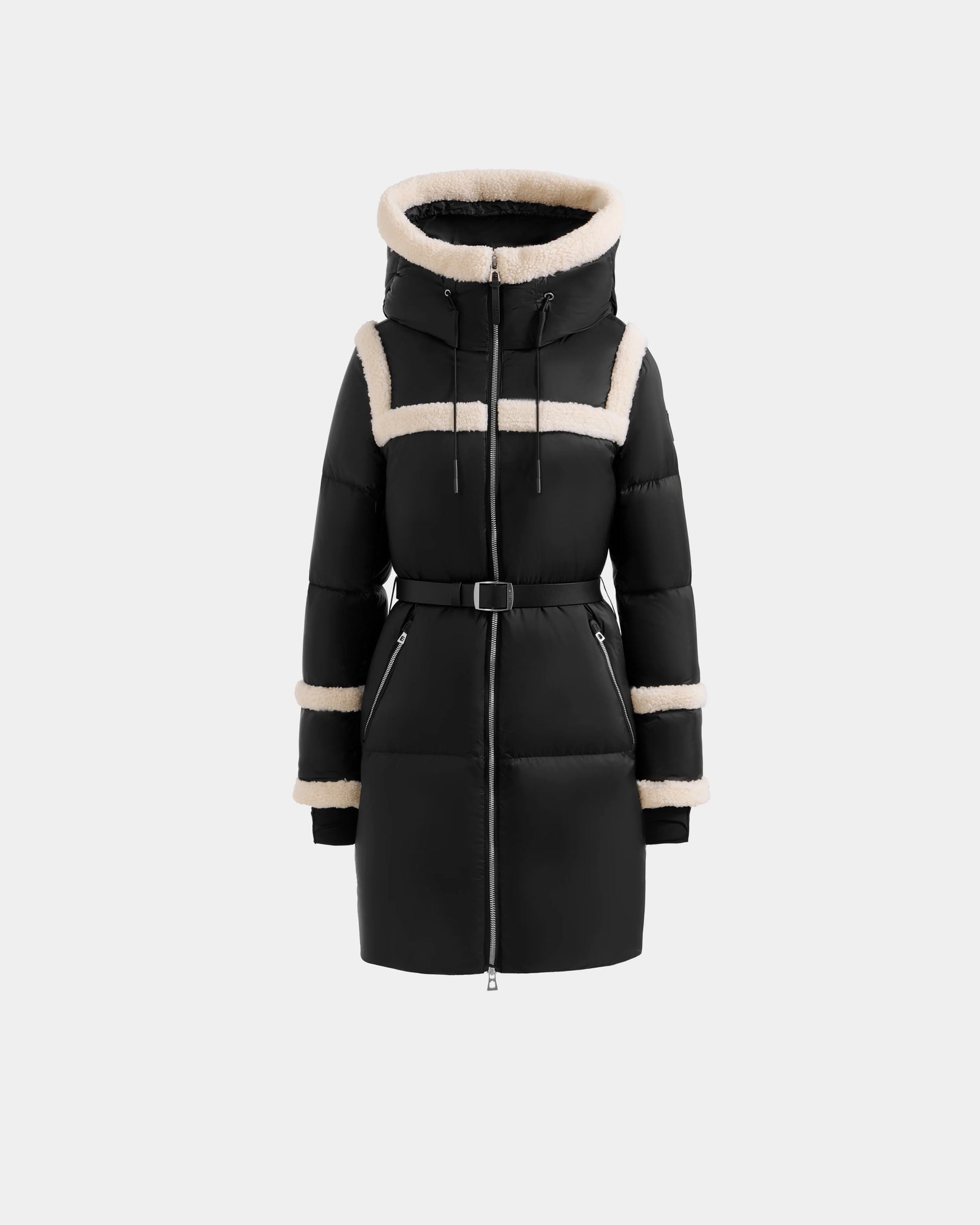 The Rudsak JULIANA L - L125535 Black/Vanilla women’s down puffer features a belted waist, zipper closure, and white faux fur trim on the hood, chest, sleeves, and cuffs for stylish cold-weather performance.