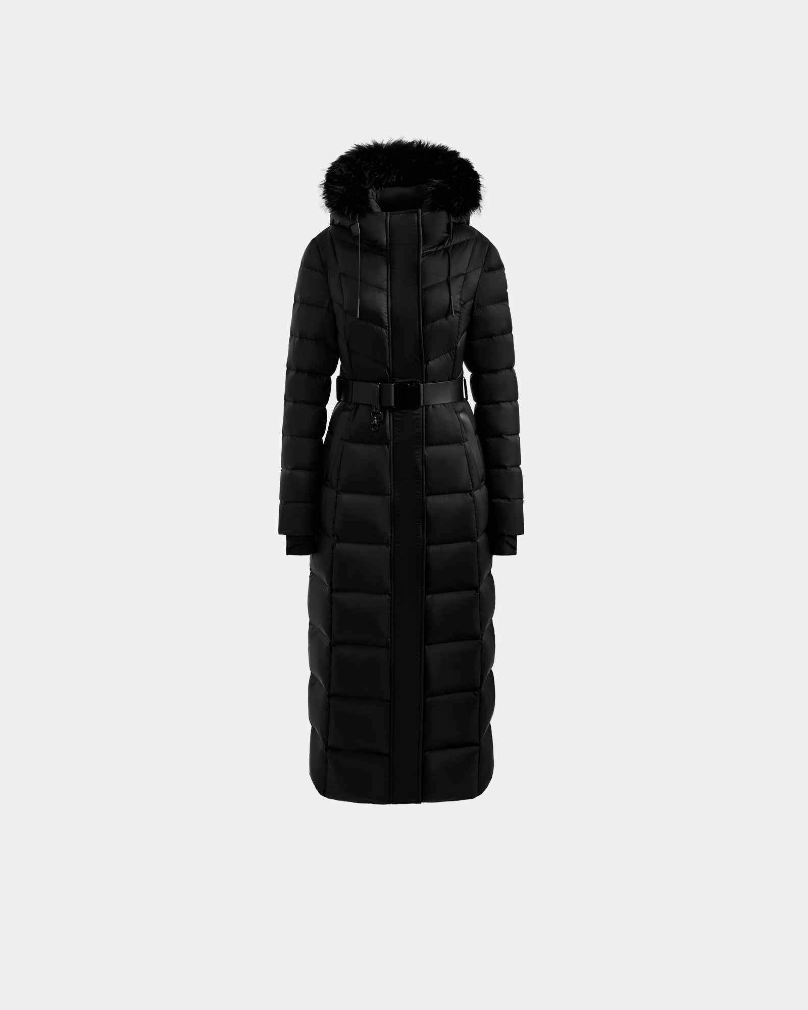 The Rudsak JULIETA M-L - L125559 Black is a long black maxi down puffer coat with faux fur-trimmed hood, weather-resistant shell, front zipper, horizontal quilting, and a matching waist belt, shown on a plain light background.