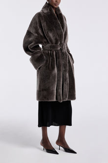 Model is wearing Nour Hammour Juno Luxurious Robe Coat Fumée - Three Quarters