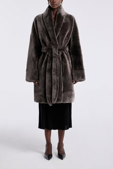 Model is wearing Nour Hammour Juno Luxurious Robe Coat Fumée - Front