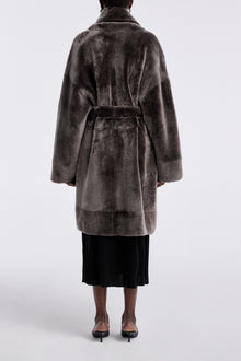 Model is wearing Nour Hammour Juno Luxurious Robe Coat Fumée - Back