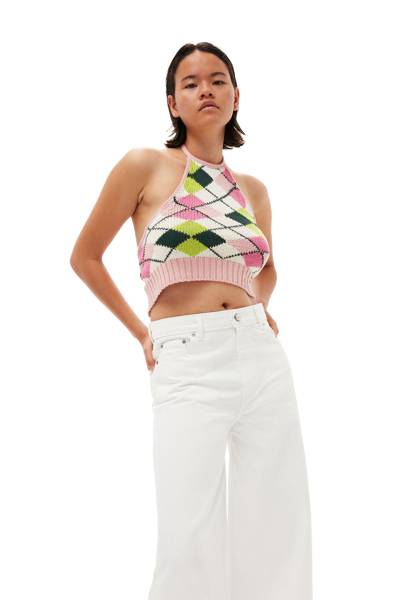 Graphic Cotton Halterneck Top | Multicolour