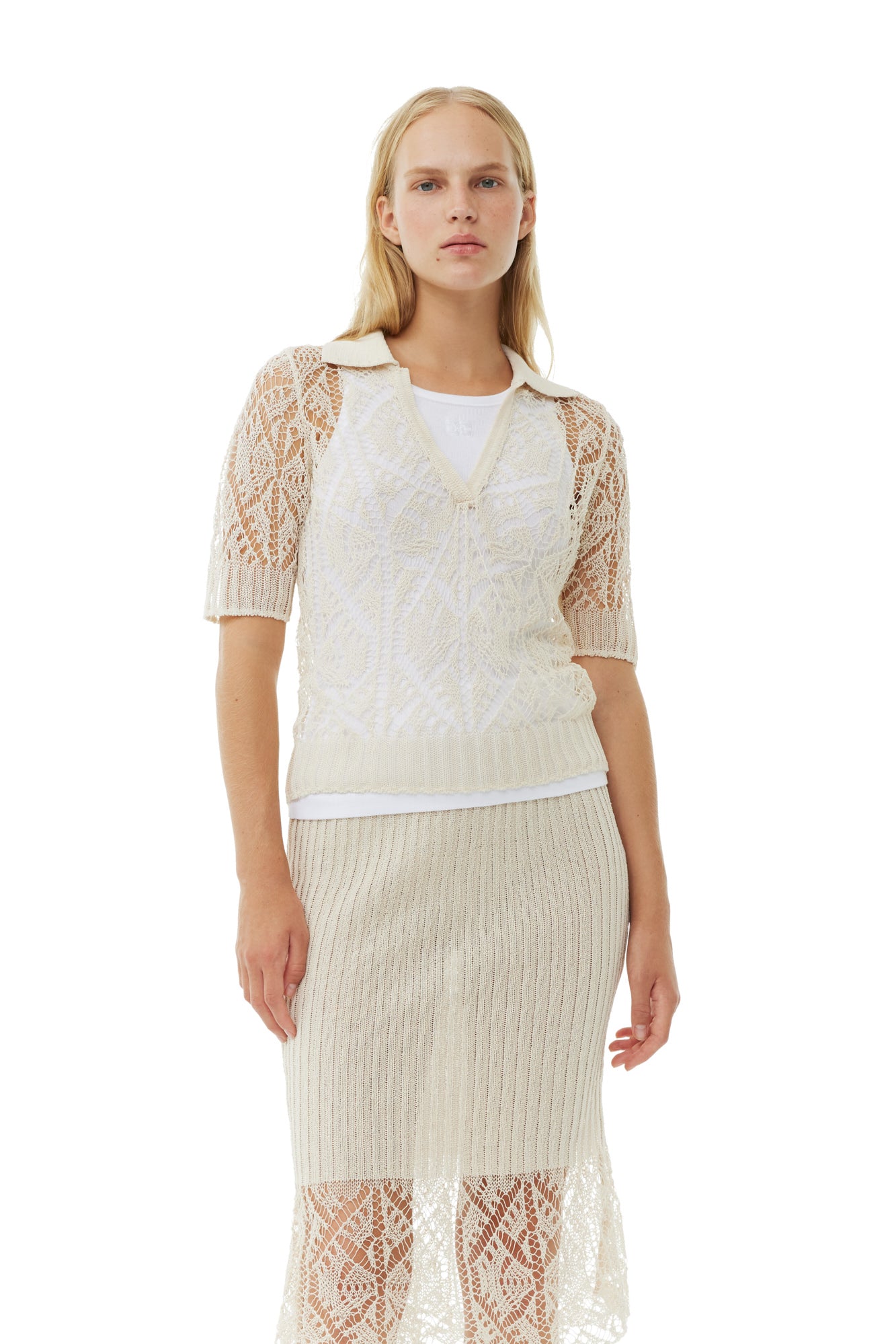 Cotton Lace Polo Sweater | Egret