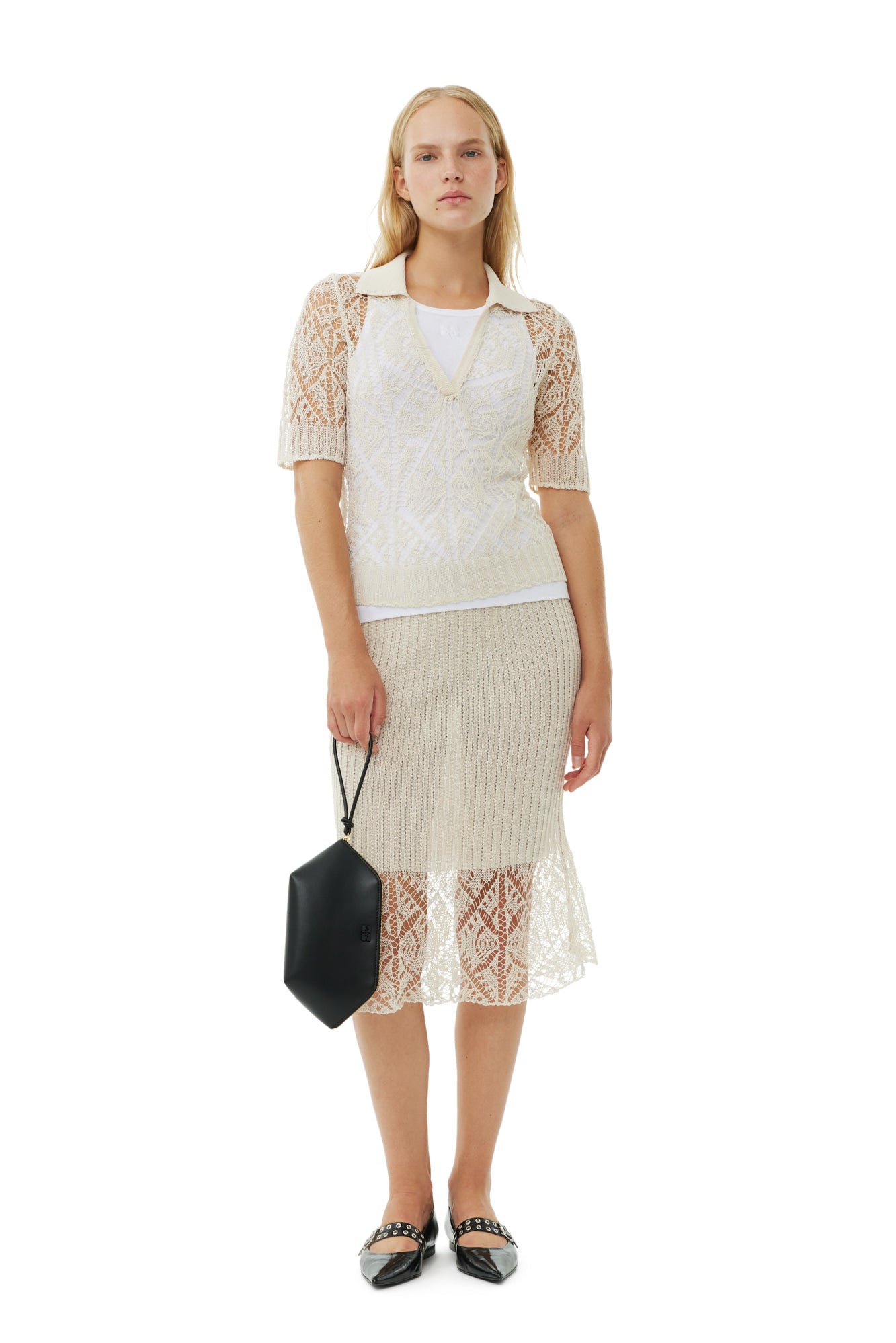 Cotton Lace Polo Sweater | Egret