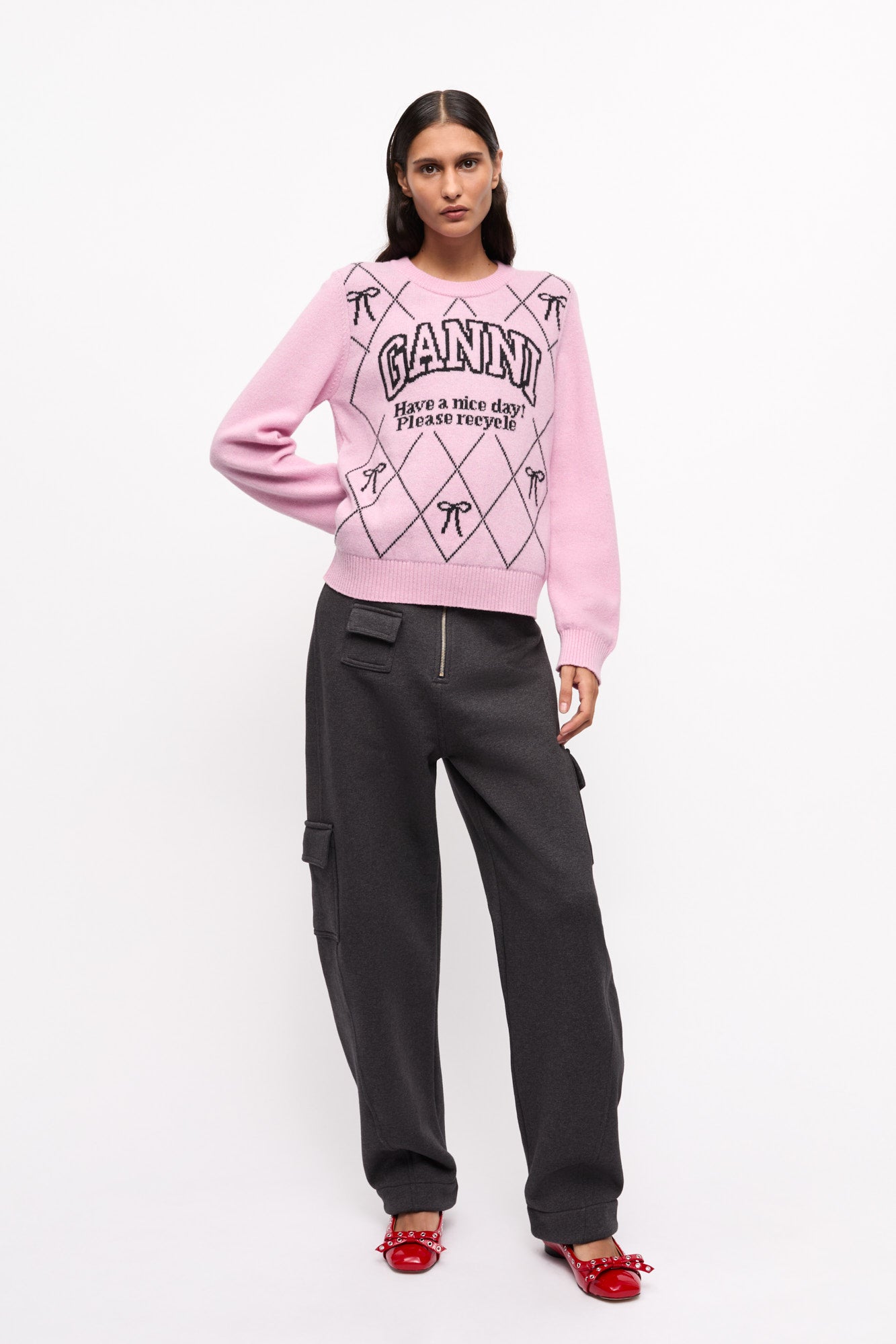 Graphic Wool Mix Bow Crewneck | Mauve Chalk