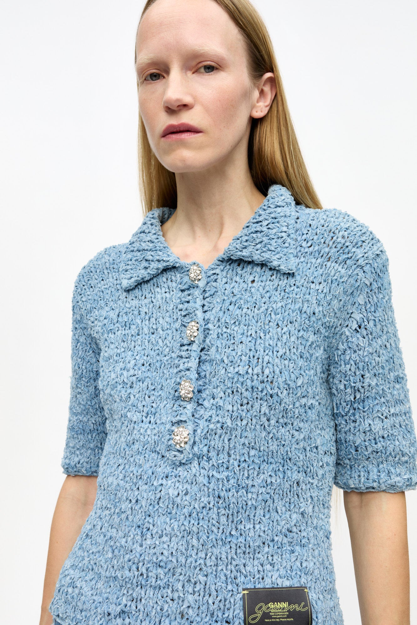 Denim Handknit Polo | Light Indigo